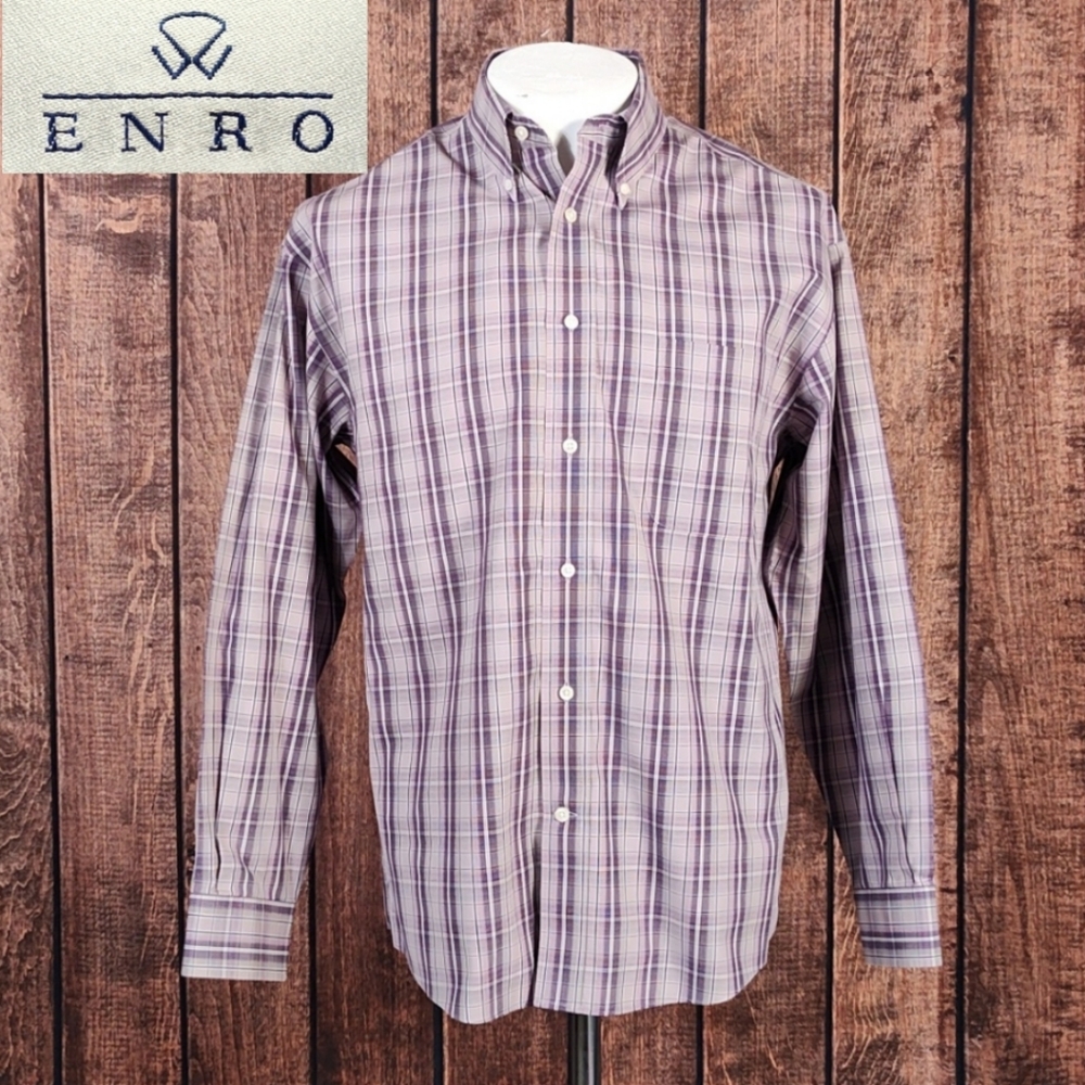 Vintage Enro Mens Plum Plaid Button Down Collar Dress Shirt Excellent Condition